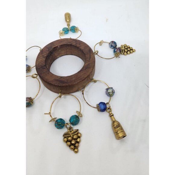 Wooden Wine Bottle Charm Set  6 Gold Color Metal Charm Glass Bead on Wine Stave - Picture 8 of 16